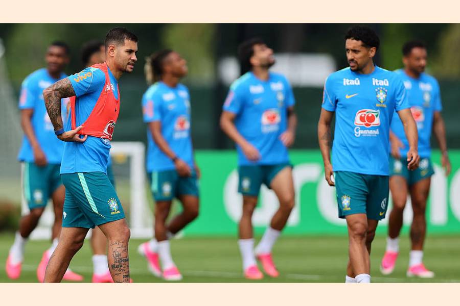 Brazil’s Bruno Guimaraes and Marquinhos during training