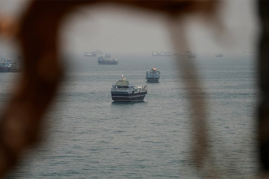 Vessels are anchored in the Strait of Hormuz, as seen from Musandam, Oman on June 11, 2026 — via Reuters