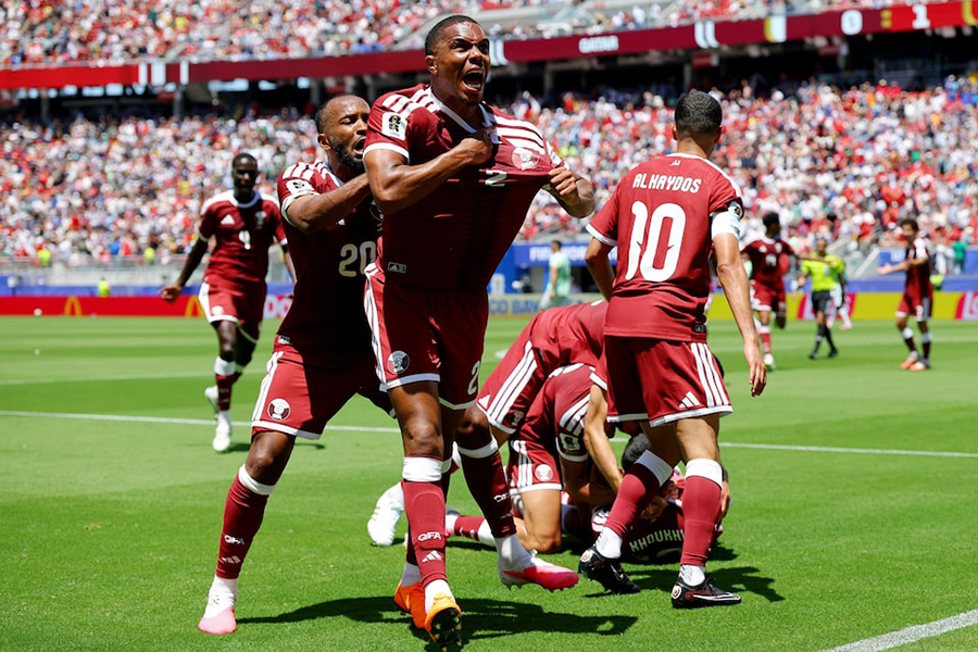Qatar's Pedro Miguel and Ahmed Fathy celebrate after teammate Boualem Khoukhi scored their side's first goal during the FIFA World Cup 2026 Group B match against Switzerland at San Francisco Bay Area Stadium in Santa Clara, California, US, on June 13, 2026 — Reuters photo