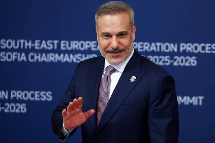 Turkish Foreign Minister Hakan Fidan gestures during the South-East European Cooperation Process (SEECP) summit in Sofia, Bulgaria, June 10, 2026.