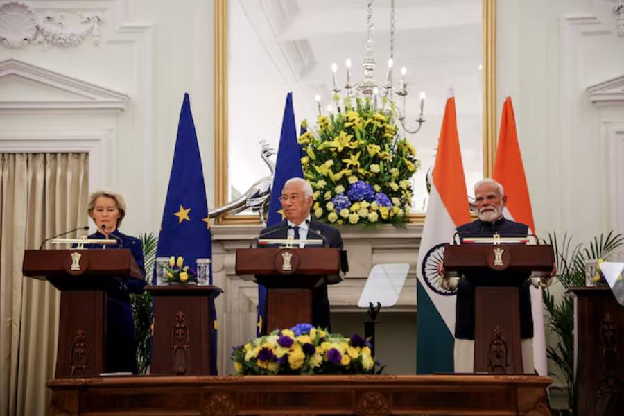 Indian Prime Minister Narendra Modi, European Council President Antonio Costa and European Commission President Ursula von der Leyen hold a joint press statement at the Hyderabad House in New Delhi, India, January 27, 2026.