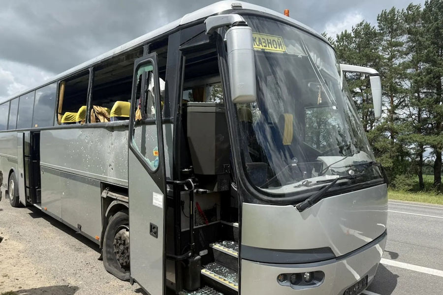 A view of a bus which, according to local authorities, was attacked by a Ukrainian drone whilst carrying children from a Belarusian youth football team, in the Bryansk Region, Russia June 17, 2026. Acting Governor of the Bryansk region Yegor Kovalchuk/Handout via REUTERS