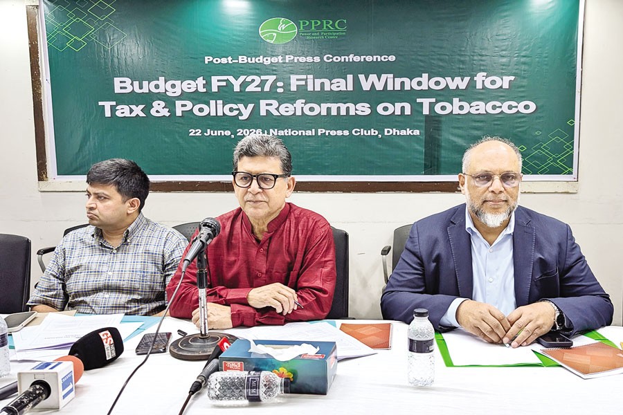 PPRC Executive Chairman Dr Hossain Zillur Rahman speaks at a press conference on tobacco tax and policy reforms at the National Press Club in the capital on Monday. — FE Photo
