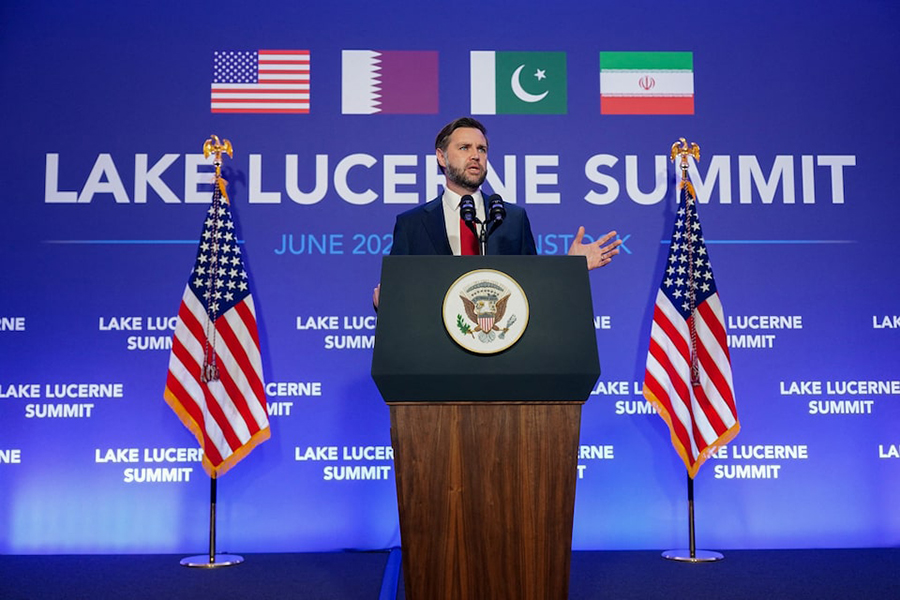 US Vice President JD Vance speaks to members of the media before boarding Air Force Two, after the US and Iran held high-level talks at the Lake Lucerne Summit, at Emmen Military Air Base, Emmen, Switzerland, on June 22, 2026 — Reuters photo