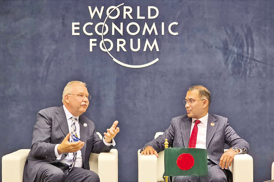 World Economic Forum (WEF) President Alois Zwinggi meets Prime Minister Tarique Rahman at the Dalian International Conference Center in China on the sidelines of the WEF Annual Meeting on Tuesday. — PID