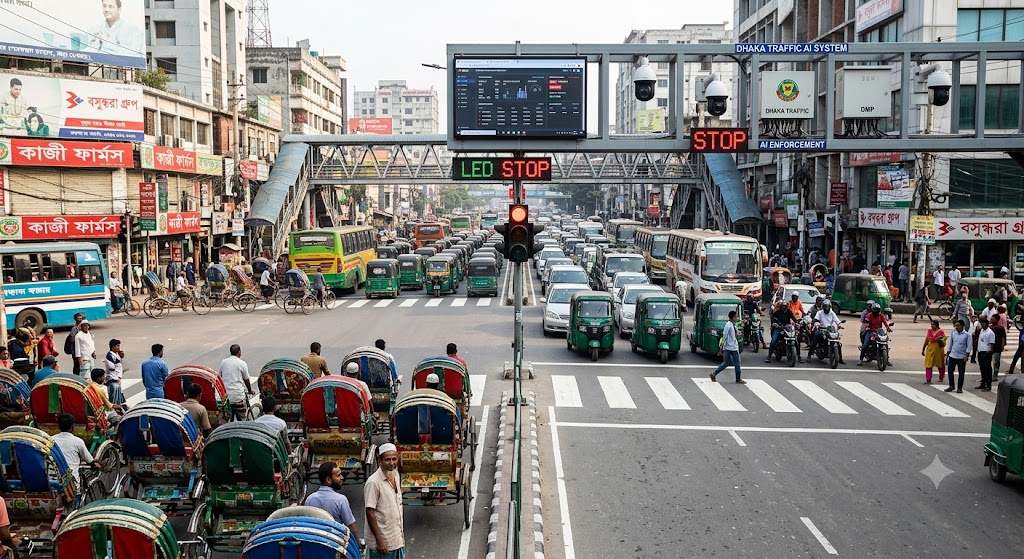 An AI-generated representational image of Dhaka's traffic.