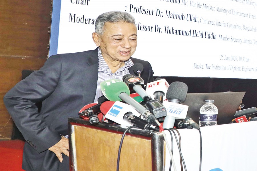 Finance Minister Amir Khosru Mahmud Chowdhury speaks at a discussion on the proposed FY27 budget organised by the Bangladesh Economic Association in the auditorium of the Institution of Diploma Engineers Bangladesh in the capital on Thursday. — FE Photo