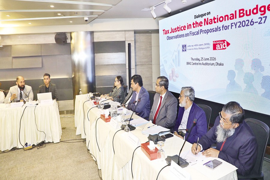Former DCCI president Rizwan Rahman speaks at a dialogue titled 'Tax Justice in the National Budget: Observations on Fiscal Proposals for FY2026-27' at BRAC Centre Inn in Dhaka on Thursday. FE Photo