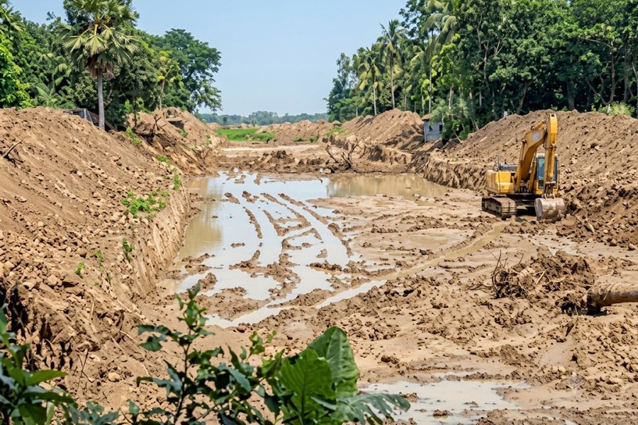 Photo shows an excavator works on the long-delayed Madhumati River embankment project in Lohagara Upazila of Narail — FE Photo