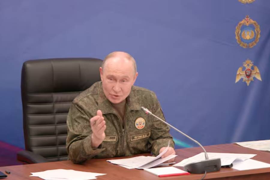 Russian President Vladimir Putin visits a command post of Russia's joint force grouping, in the course of the Russia-Ukraine conflict, at an unidentified location, in this still image taken from a video released July 3, 2026.