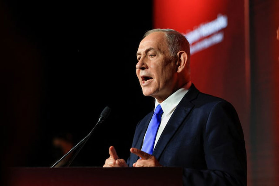 Israeli Prime Minister Benjamin Netanyahu speaks at the JNS (Jerusalem News Syndicate) International Policy Summit in Jerusalem, June 21, 2026.