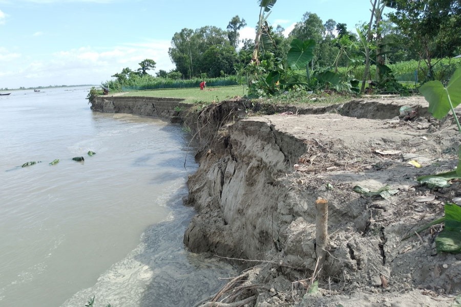 Land erosion has taken an alarming turn at Shokher Bazar in Sundarganj upazila of Gaibandha district. — FE photo