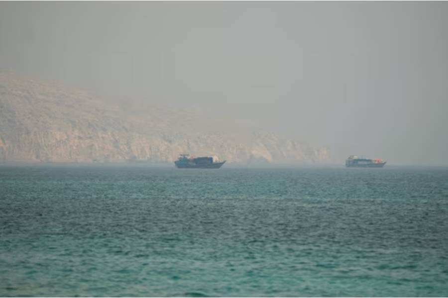 Vessels at the Strait of Hormuz, as seen from Musandam, Oman, July 9, 2026.