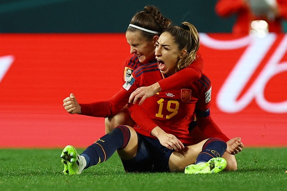 Spain's Olga Carmona celebrates scoring their second goal with Teresa Abelleira — Reuters photo
