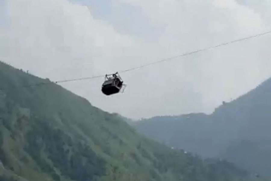A view shows cable car carrying students stranded mid-air in Battagram, Pakistan on August 22, 2023, in this screen grab obtained from social media video — Umeed Sahar/via REUTERS