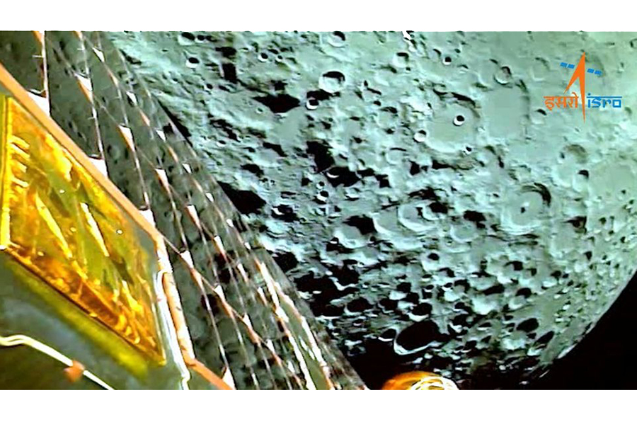 A view of the moon as viewed by the Chandrayaan-3 lander during Lunar Orbit Insertion on August 5, 2023 in this screengrab from a video released on August 6, 2023 — ISRO/Handout via REUTERS