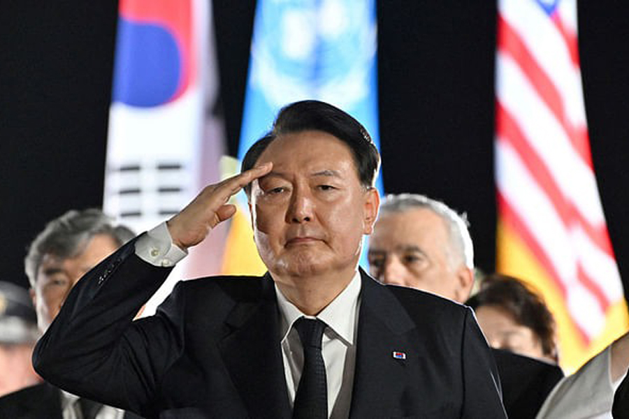 South Korean President Yoon Suk Yeol salutes during a repatriation ceremony to receive the remains of South Korean soldiers killed in the 1950-53 Korean War, a day before the 70th anniversary of the Korean armistice, at Seoul Air Base in Seongnam, South Korea Jul 26, 2023.