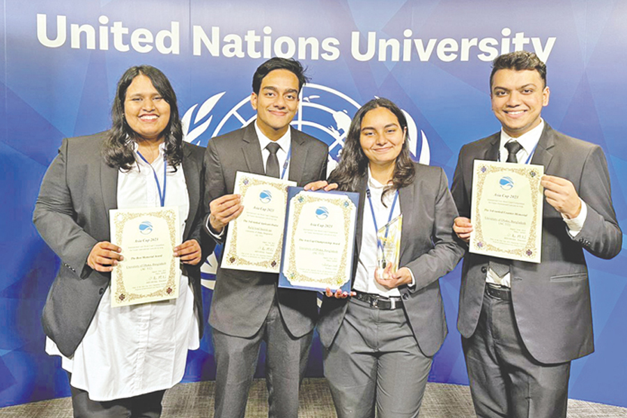 Team members of the Dhaka University Moot Court Society (DUMCS) that won Asia Cup 2023: (from left) Tanha Tanzia, Rafid Azad Saumik, Oishe Rahman and Md Fiaz Rabbani