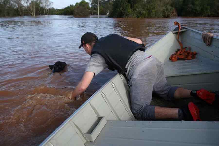 Lucas Atkinson rescuing a calf in a flooded area after a cyclone hit southern towns of Brazil on Tuesday –Reuters photo