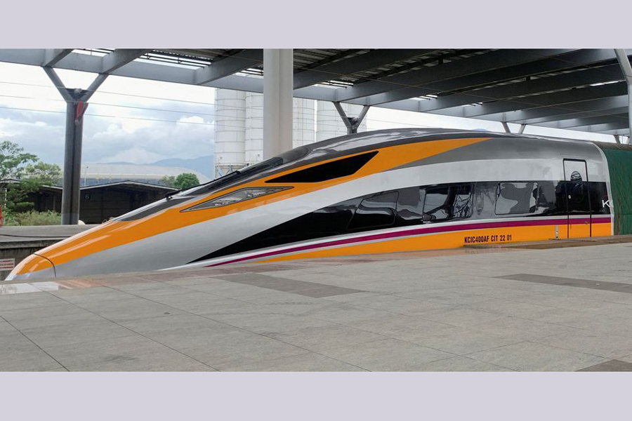 An Electric Multiple Unit high-speed train for a rail link project part of China's Belt and Road Initiative is parked at Tegalluar train depot in Bandung, West Java province, Indonesia, October 13, 2022.