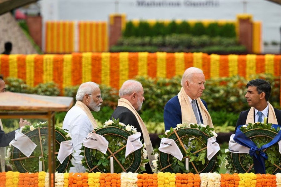 Prime Minister of India Narendra Modi, Brazil President Luiz Inacio Lula da Silva, US President Joe Biden and UK Prime Minister Rishi Sunak visiting Raj Ghat memorial in New Delhi with other G20 leaders on Sunday –Reuters photo