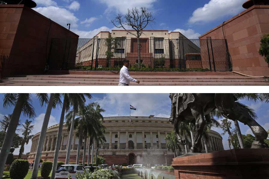 India’s new parliament building (top), and old parliament building