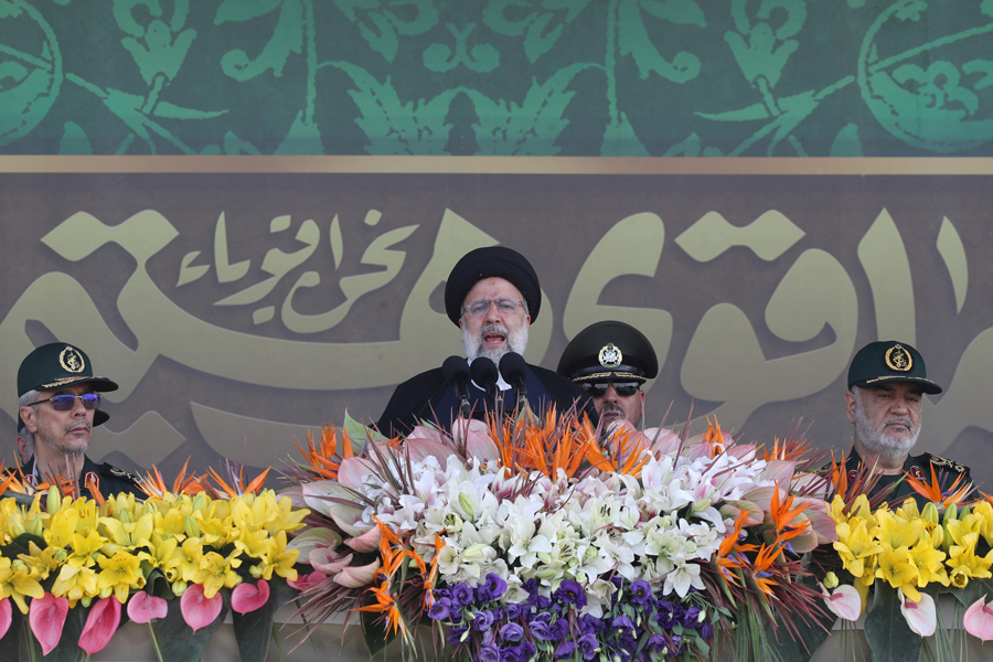 Iranian President Ebrahim Raisi delivers a speech during the annual military parade in Tehran, Iran, September 22, 2023.