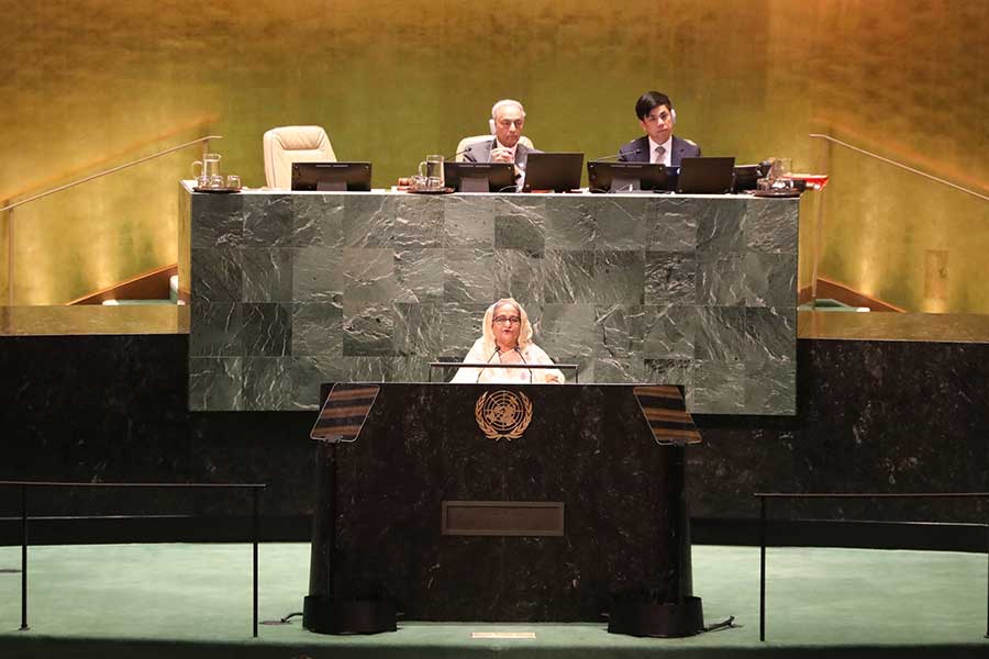 Prime Minister Sheikh Hasina addressing the General Debate of the 78th session of the United Nations General Assembly (UNGA) at the General Assembly Hall in New York on Friday –Focus Bangla photo