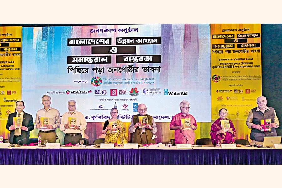 (From left) Distinguished Fellow of Centre for Policy Dialogue (CPD) Professor Mustafizur Rahman, Core Group Member of Citizen's Platform and Managing Director of Apex Footwear Limited Syed Nasim Manzur, Justice Md. Abdul Mateen, eminent human rights activist Advocate Sultana Kamal, CPD Founder-Chairman Professor Rehman Sobhan, eminent cultural personality Mamunur Rashid, writer Selina Hossain, and CPD's Distinguished Fellow Dr Debapriya Bhattacharya pose with a book titled 'Bangladesh Development Narratives and Parallel Realities: Perspectives of Backward Communities' unveiled at a programme at the KIB Convention Hall in the capital on Monday. —FE Photo