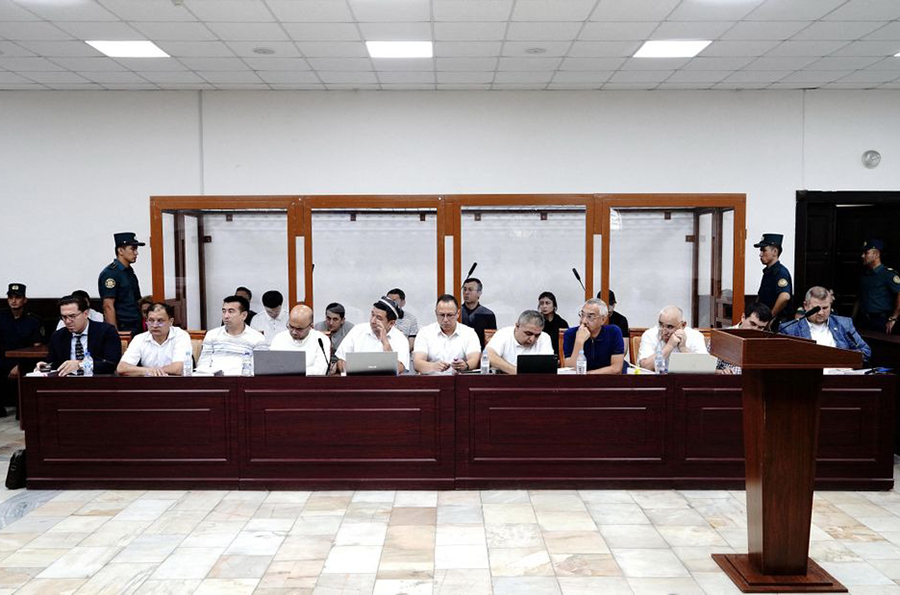 Defendants and lawyers attend a court hearing in the case of child deaths linked to contaminated cough syrups, in Tashkent, Uzbekistan on August 16, 2023 — Photo via Reuters/Files