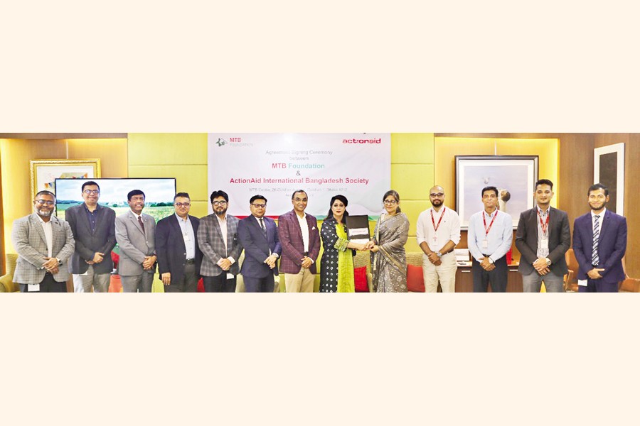 MTB Foundation has recently signed an agreement with ActionAid International Bangladesh Society for 'Community Strengthening Project for Indigenous Community in Bandarban' project. The agreement was signed by Farah Kabir, executive director, ActionAid International Bangladesh Society, and Samia Chowdhury, chief executive officer, MTB Foundation, at the bank's corporate head office in the city.