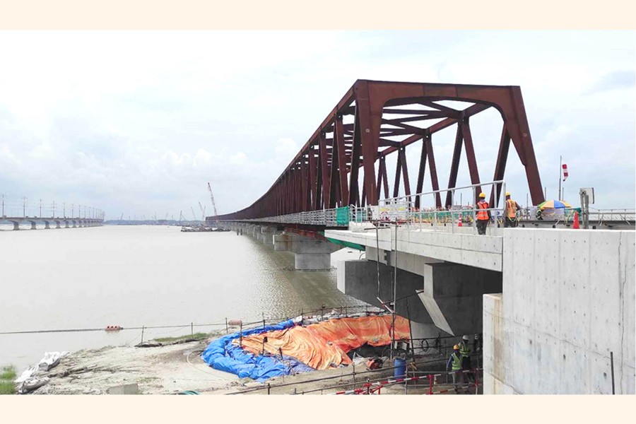 A partial view of the under-construction Bangabandhu Jamuna Railway Bridge — FE Photo