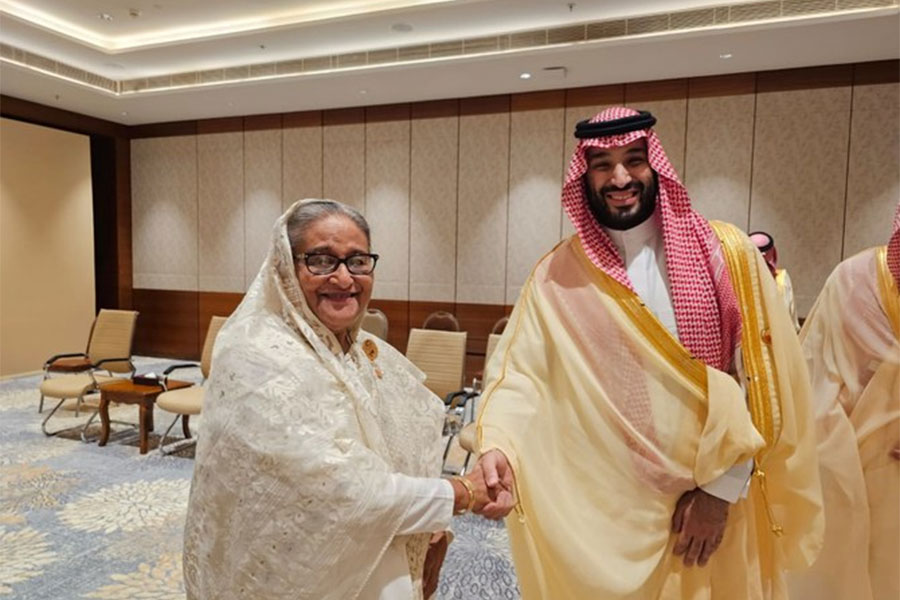 Saudi Crown Prince Mohammed bin Salman meets Bangladeshi Prime Minister Sheikh Hasina on the sidelines of the G20 summit in New Delhi on Sept. 10, 2023.