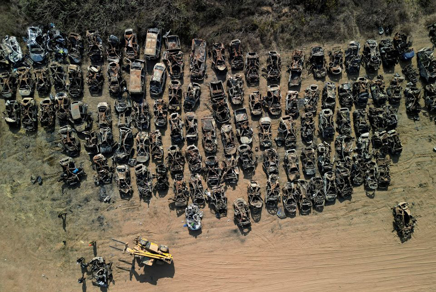 Drone view of a junk yard for Israeli vehicles destroyed in a Hamas attack, on a field in Netivot, Israel on November 1, 2023 — Reuters photo