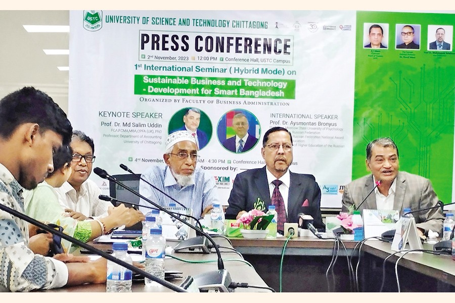 Prof Dr Mohammad Solaiman (2nd from right), Vice Chancellor of USTC, speaking at a press conference on the university campus on Thursday