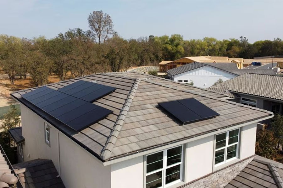 Solar panels from SunPower are installed on residential buildings at a model home display in the Eureka Grove neighborhood of Granite Bay, California, US, October 5, 2021.