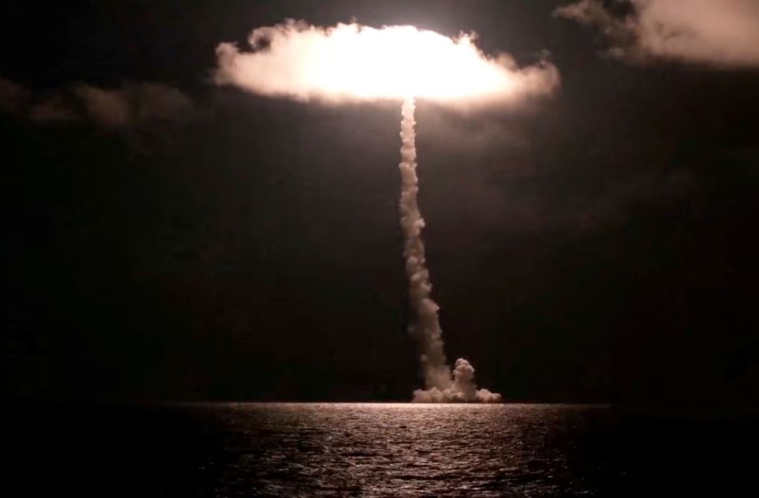Russia's new nuclear-powered submarine Imperator Alexander III test launches the Bulava ballistic missile, designed to carry nuclear warheads, from the White Sea, in this image taken from video released November 5, 2023. Russian Defence Ministry/Handout via REUTERS