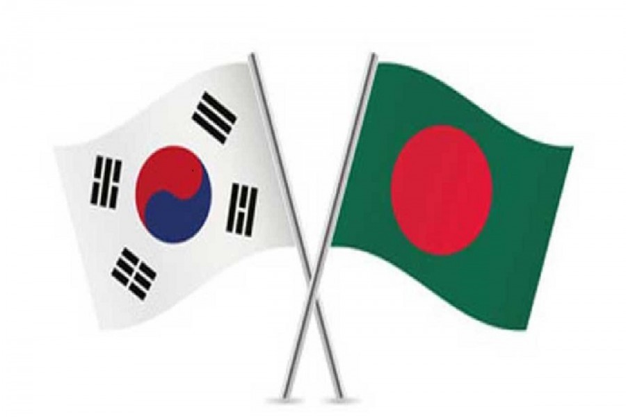 Bangladesh and South Korea flags are seen cross-pinned in the image, symbolising friendship between the two nations