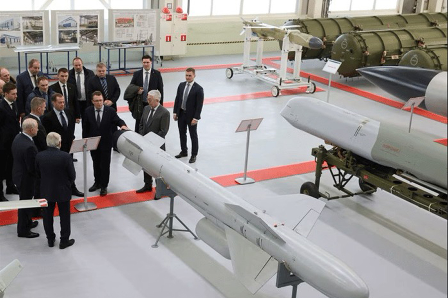 Deputy head of Russia’s Security Council and chairman of the United Russia party Dmitry Medvedev visits the Raduga State Machine Building Construction Bureau named after A. Bereznyak in Dubna, Moscow region, Russia February 2, 2023.