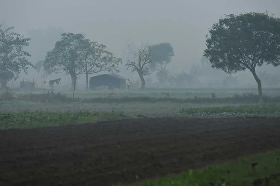 A man is seen on the field on the Yamuna floodplains on a smoggy morning in New Delhi, India, November 9, 2023.