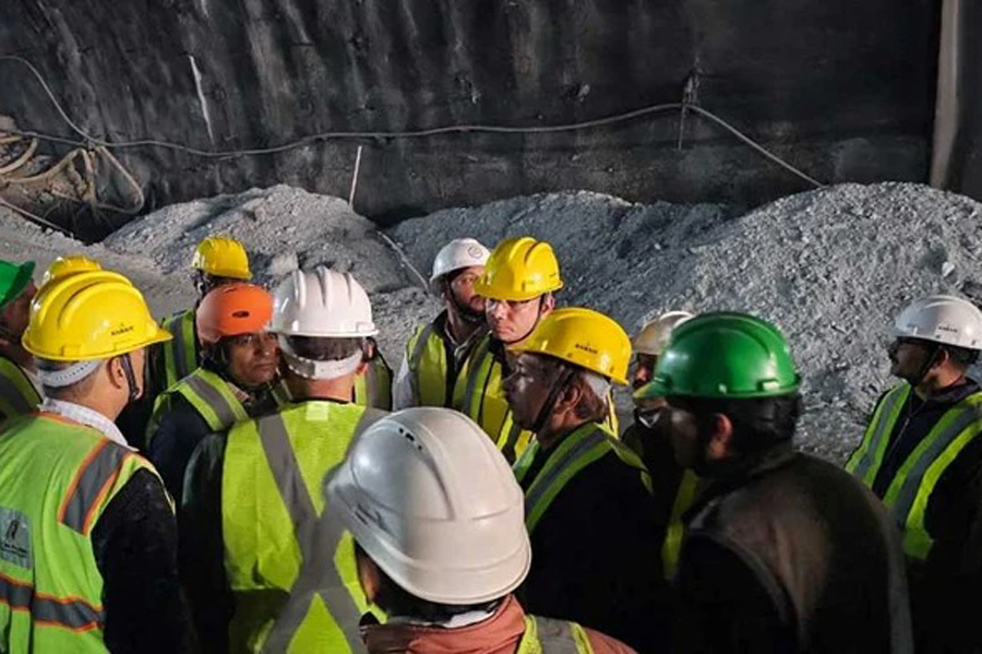 Members of rescue teams are pictured during a rescue operation after a portion of an under-construction tunnel collapsed in Uttarkashi in the northern state of Uttarakhand, India, October 13, 2023.