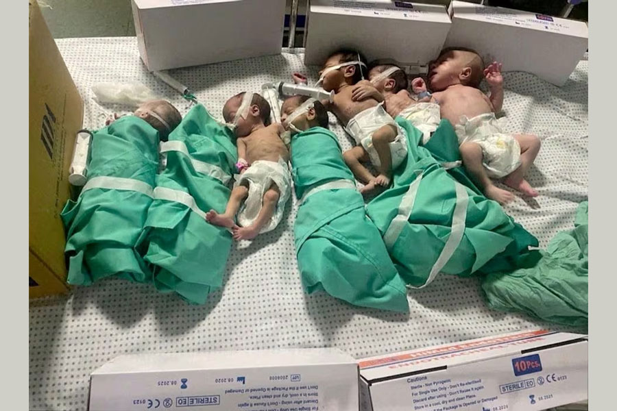 Newborns are placed in bed after being taken off incubators in Gaza's Al Shifa hospital after power outage, amid the ongoing conflict between Israel and the Palestinian Islamist group Hamas, in Gaza City, Gaza November 12, 2023 in this still image obtained by REUTERS/File Photo Acquire Licensing Rights