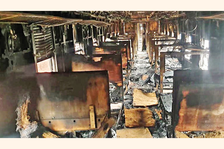 Two coaches of a commuter train were completely burnt and another compartment was partially damaged after miscreants set fire to it at Tangail railway station in the early hours of Thursday. — Focus Bangla