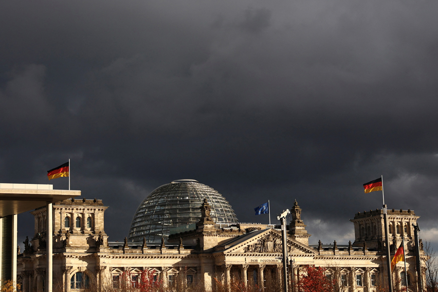 Dark clouds are seen over the Reichstag building, Germany’s seat of the lower house of parliament Bundestag in Berlin, Germany, November 10, 2023.
