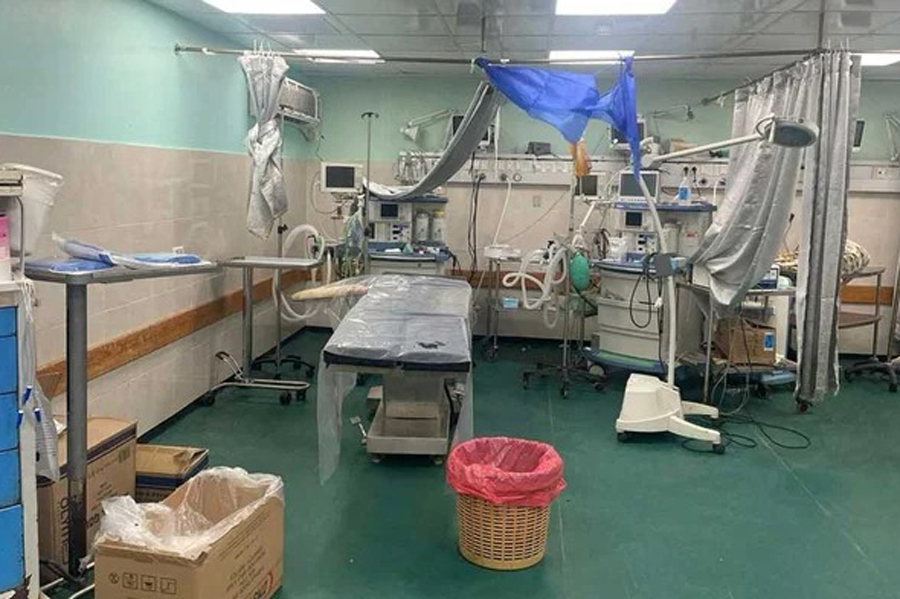 A makeshift operating theater area is seen inside Al Shifa hospital during the Israeli ground operation around the hospital, in Gaza City Nov 12, 2023.