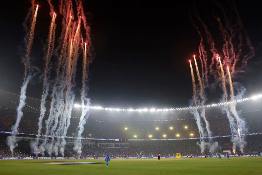 Final - India v Australia - Narendra Modi Stadium, Ahmedabad, India - November 19, 2023 General view as fireworks are let off as Australia players celebrate after winning the ICC Cricket World Cup REUTERS/Adnan Abidi Acquire Licensing Rights