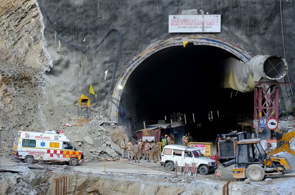 An ambulance arrives at the tunnel where workers are trapped after the tunnel collapsed in Uttarkashi in the northern state of Uttarakhand, India, November 23, 2023. REUTERS/Shankar Prasad Nautiyal/File Photo