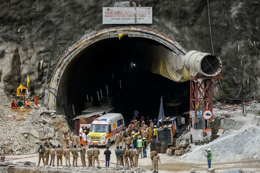 An ambulance goes inside a tunnel where rescue operations are underway to rescue trapped workers, after the tunnel collapsed, in Uttarkashi in the northern state of Uttarakhand, India on November 28, 2023 — Reuters photo
