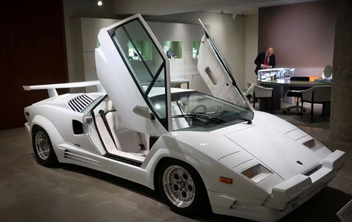 A 1989 Lamborghini Countach 25th Anniversary Edition car that appeared in the 2013 Martin Scorsese film "The Wolf of Wall Street" is displayed during a press preview ahead of the Luxury Sales auction at Sotheby’s in New York City, U.S., November 30, 2023. REUTERS/Mike Segar/File Photo