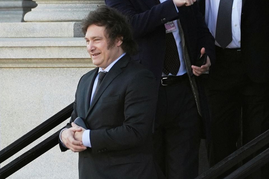 Argentine President-elect Javier Milei departs the Eisenhower Executive Office Building after meeting with Biden administration staff at the White House complex in Washington, US, November 28, 2023.